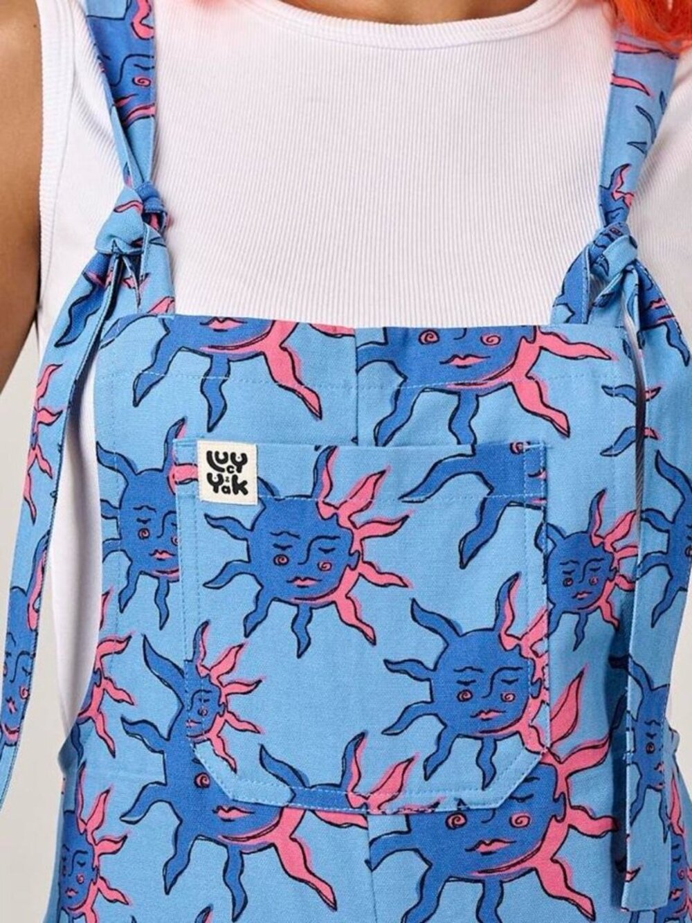 Lucy and Yak Jenny Wide Leg Cotton Dungarees Overalls Blue Celestial Print